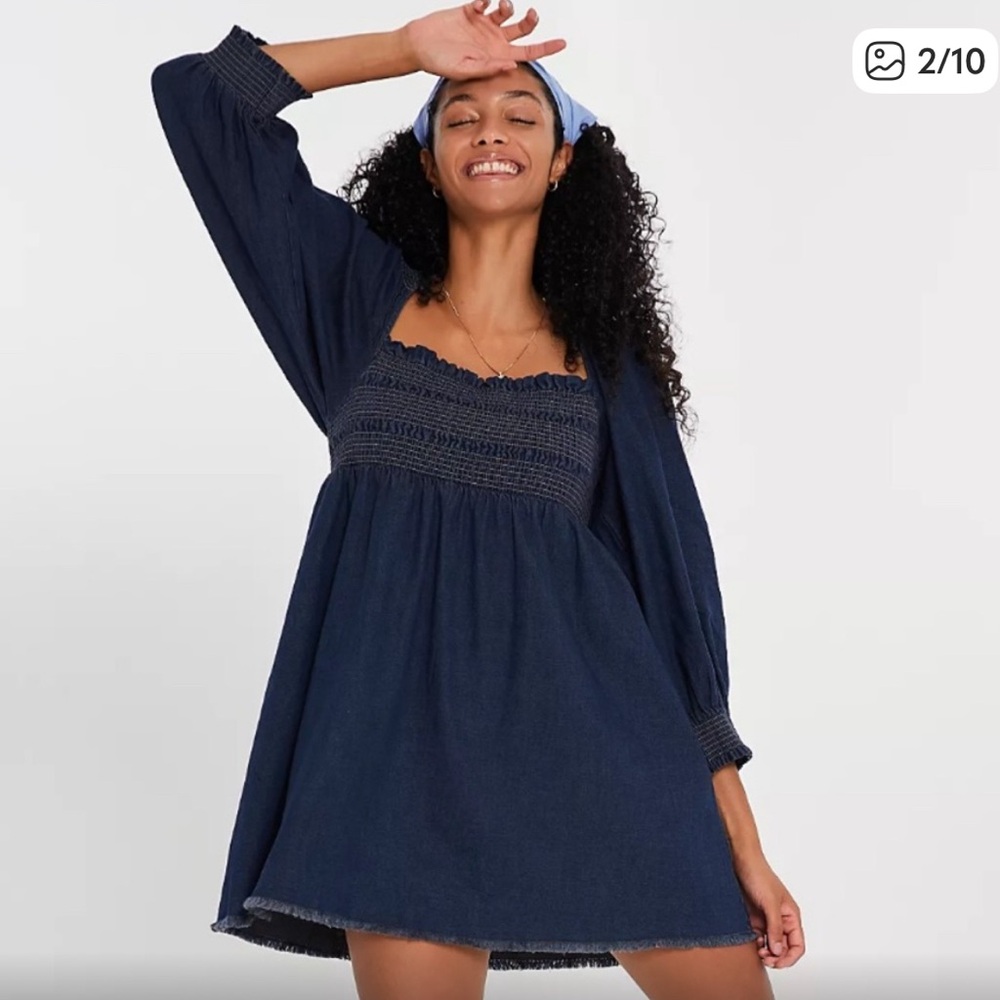 Free People This is Everything Denim Mini Dress Womens Smocked Raw Hem Sz S